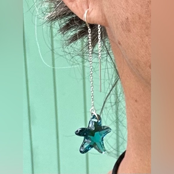 Swarovski Crystal Blue Starfish Threader Earrings Dangle Drop Ocean Indicolite - Picture 6 of 6